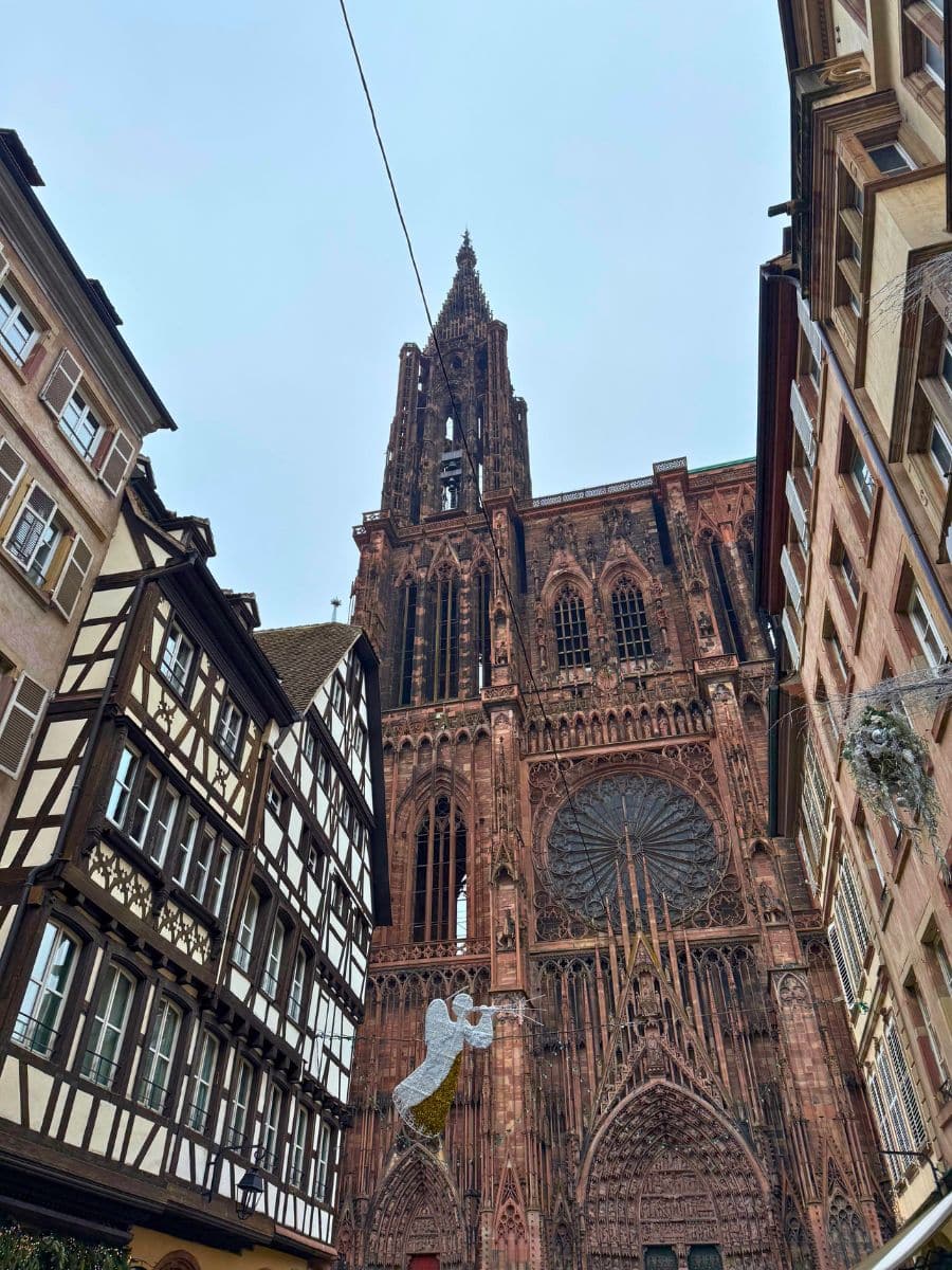 A stunning shot of Strasbourg Cathedral, a masterpiece of Gothic architecture, towering over the quaint half-timbered houses of the surrounding old town. The delicate Christmas decorations, including an angel, add to the festive charm of the scene. This view captures the perfect blend of history and holiday spirit!