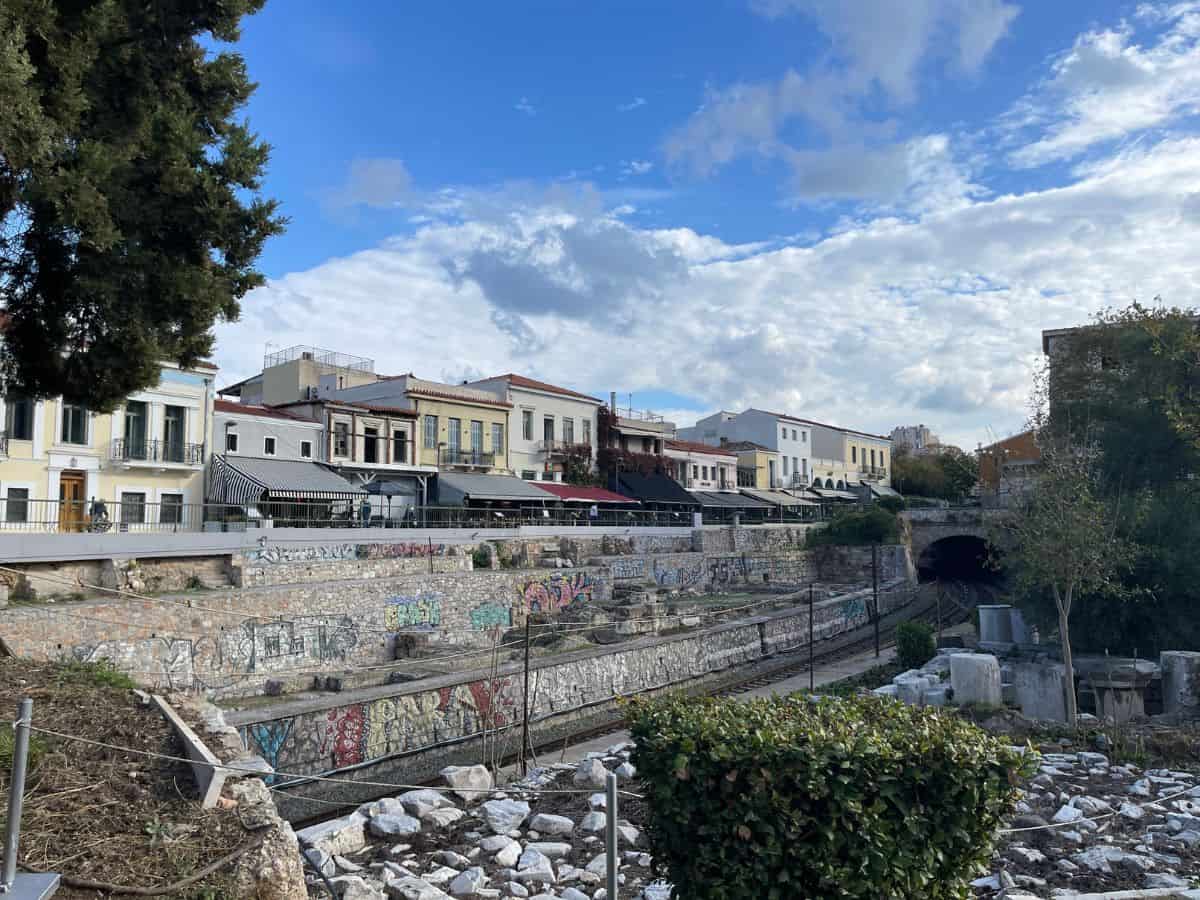Train tracks and buildings in Athens