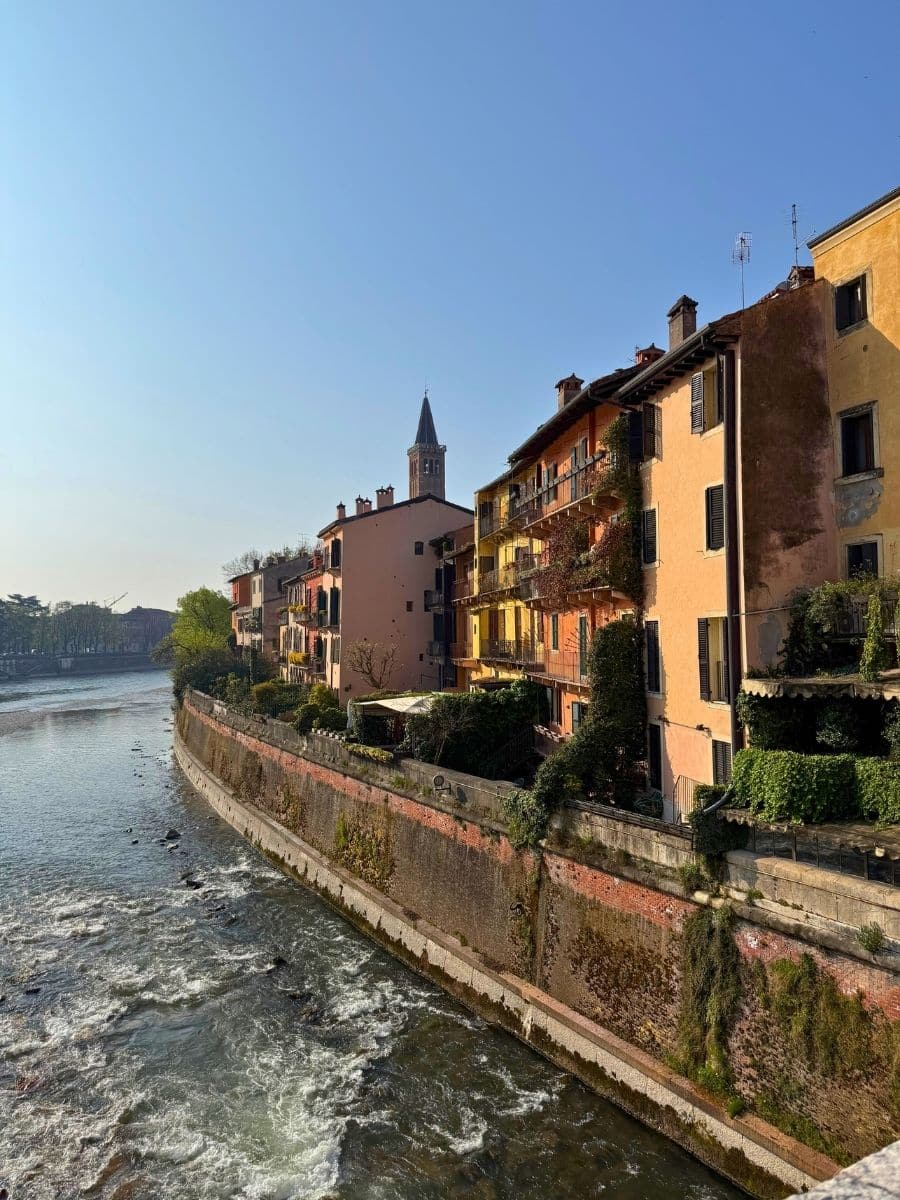 View of colorful historic buildings lining the Adige River in Verona, Italy, seen from a bridge on a clear, sunny day. The buildings have ivy-covered balconies and shutters, with a church tower rising in the background and the river flowing swiftly below.