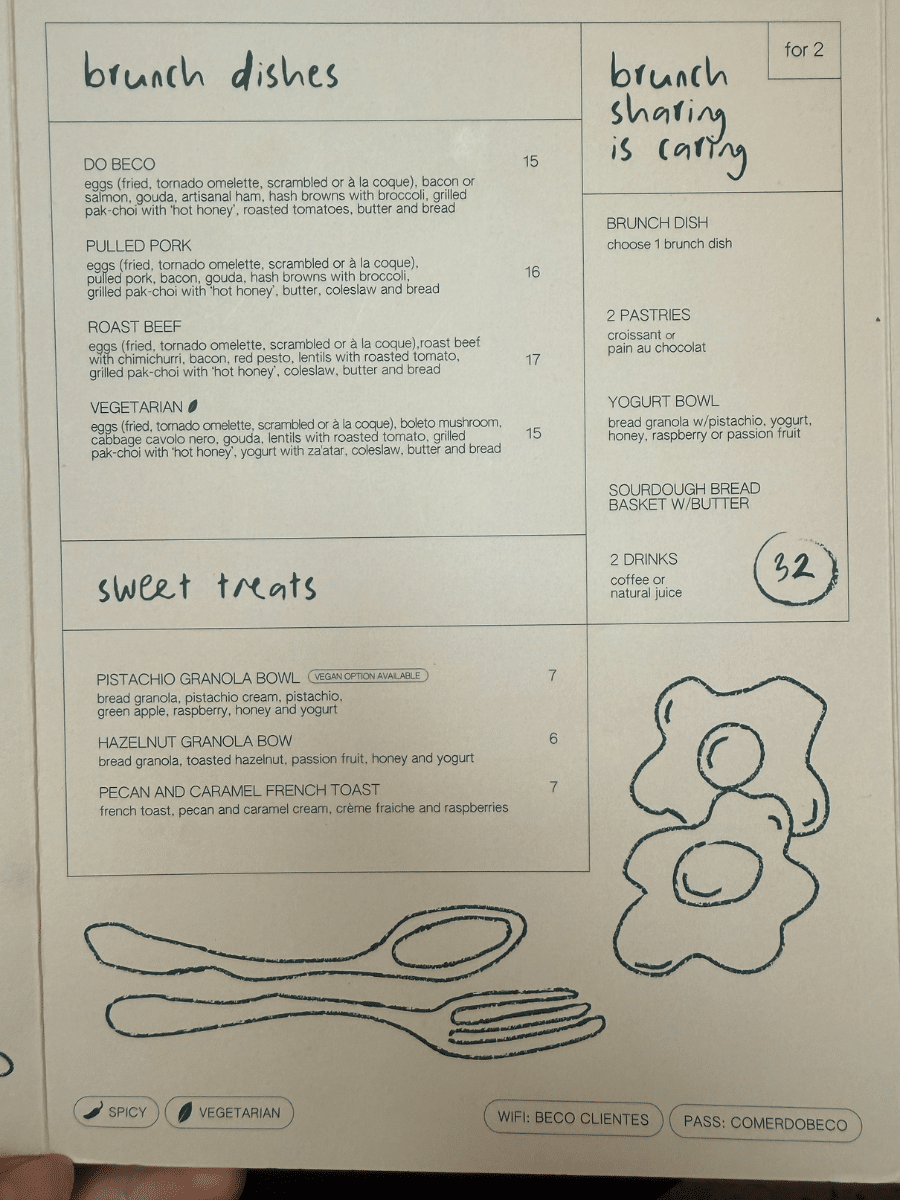 Brunch menu from 'Do Beco' cafe, featuring dishes like Do Beco brunch, Pulled Pork, and Vegetarian options. Sweet treats include Pistachio Granola Bowl, Pecan and Caramel French Toast, and more, with descriptions and pricing clearly outlined.
