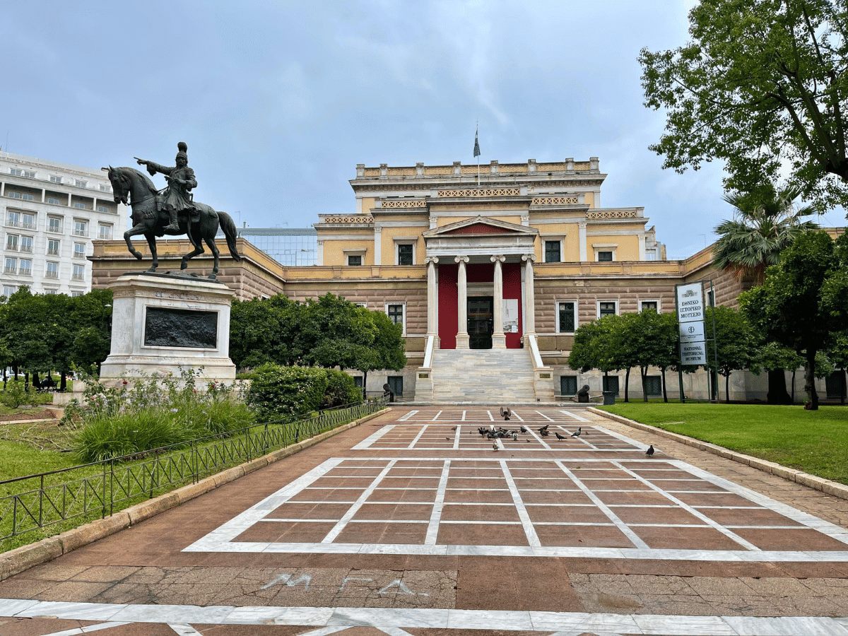 The outside of the National Museum on a cloudy day in Athens in December