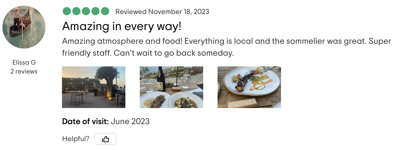 Elissa G emphasizes the restaurant's amazing atmosphere and local food, and praises the sommelier, expressing eagerness to return.