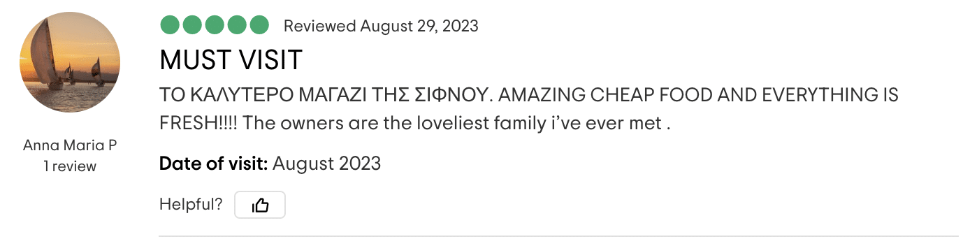 The third review by "Anna Maria P" highlights the amazing cheap food and fresh quality, with an emphasis on the friendly owners, calling it a must-visit.