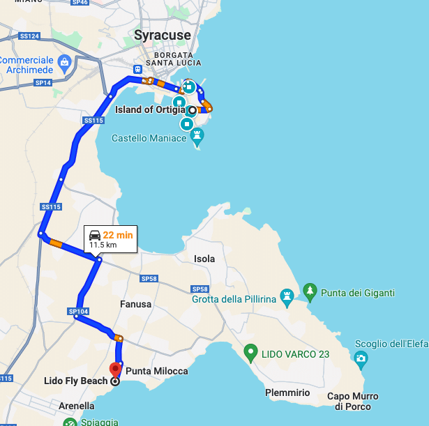 A map illustrating the route from Syracusa to Lido Fly Beach, Punta Milocca. The route is highlighted in blue, indicating a driving distance of 11.5 kilometers, which takes approximately 22 minutes.