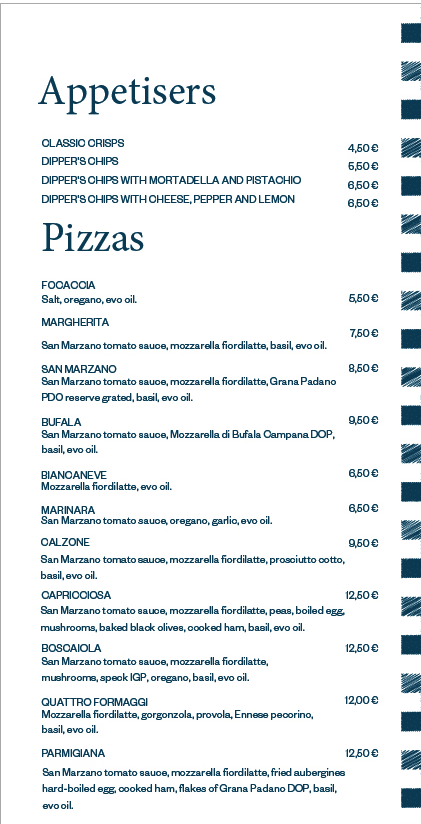 A menu listing various appetisers and pizzas with their respective prices. Appetisers include classic crisps and different types of dipper's chips, while pizzas range from Margherita and San Marzano to Bufala and Parmigiana.

