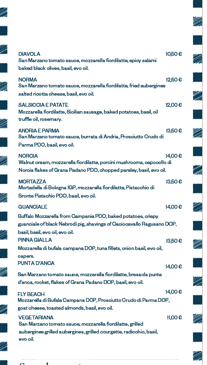 A continuation of the pizza menu listing various options, including Diavola, Norma, Salsiccia e Patate, Andria e Parma, and more, along with their ingredients and prices.