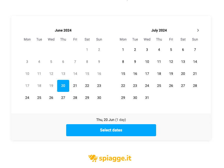 A calendar interface from spiagge.it showing June and July 2024, with June 20th highlighted. The calendar allows users to select dates for booking.