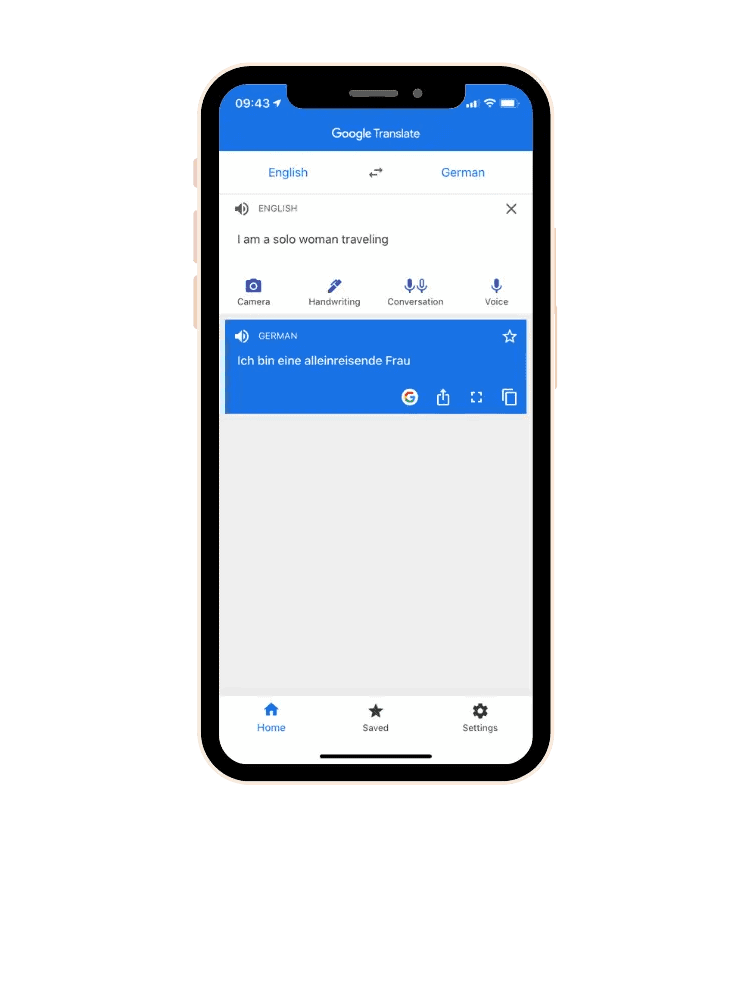 Phone screen showing Google Translate app translating the phrase 'I am a solo woman traveling' from English to German.